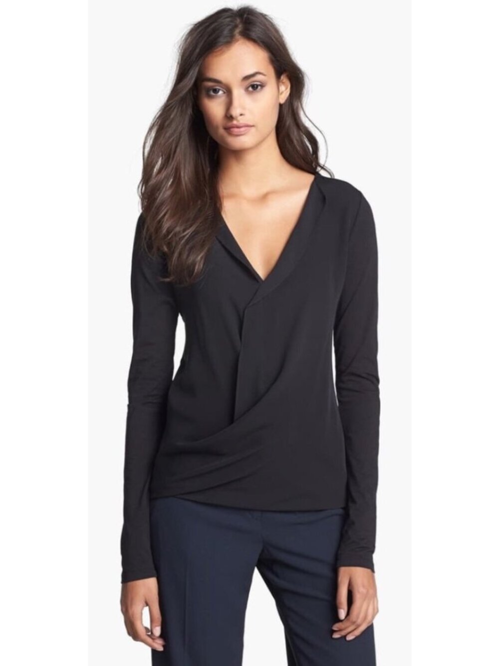 Theory Black Cotton Stretch Jersey Surplice Long Sleeve Blouse